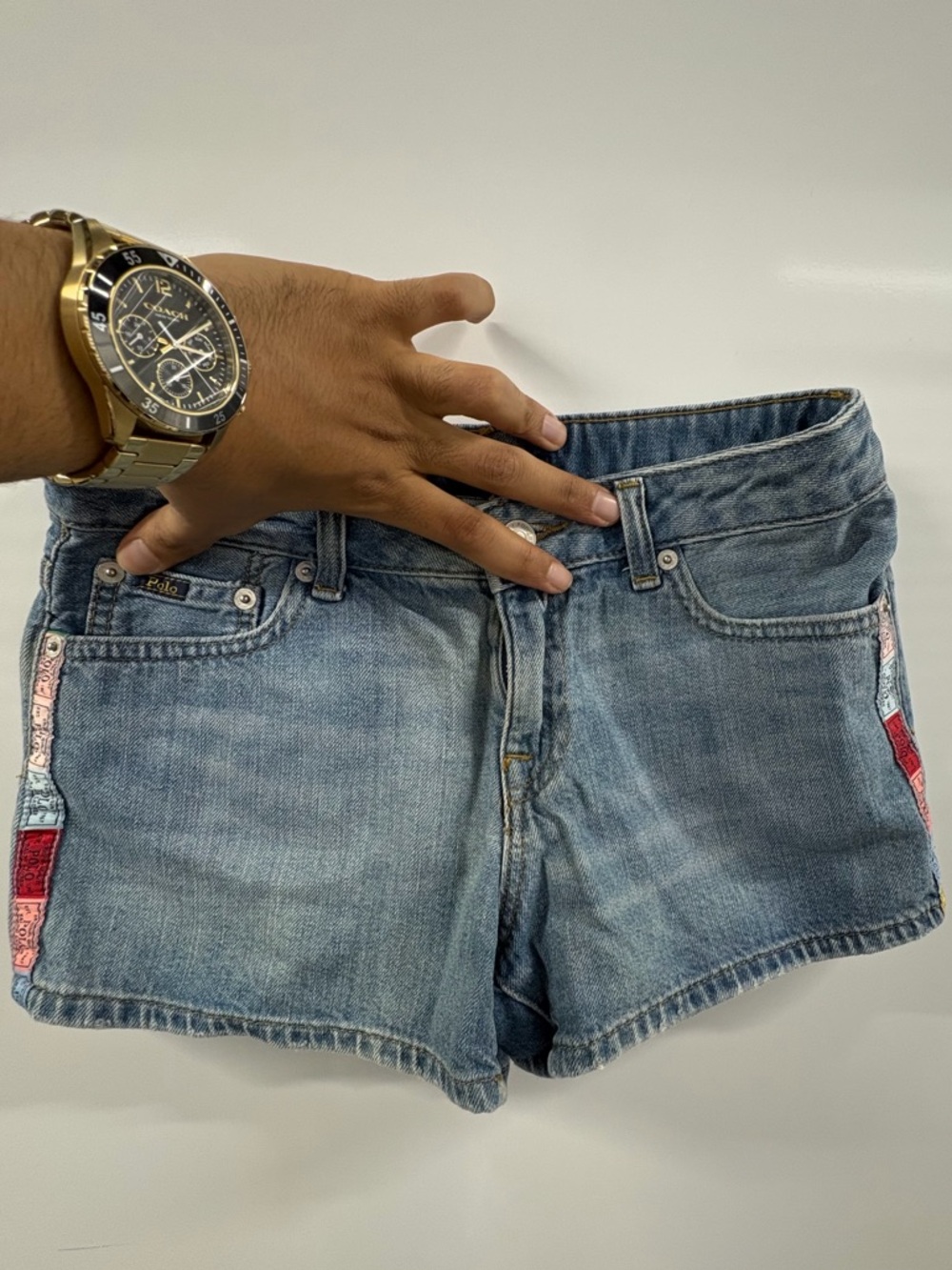 Denim Women's Shorts with Red Patch Accent